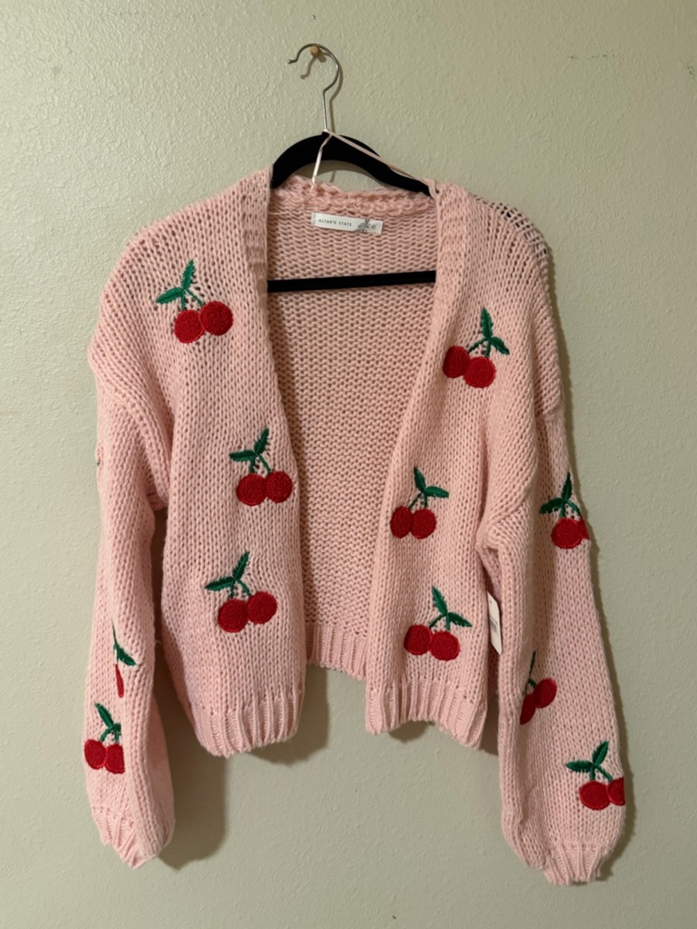 Altar'd State Pink Cherry Motif Open Front Cardigan